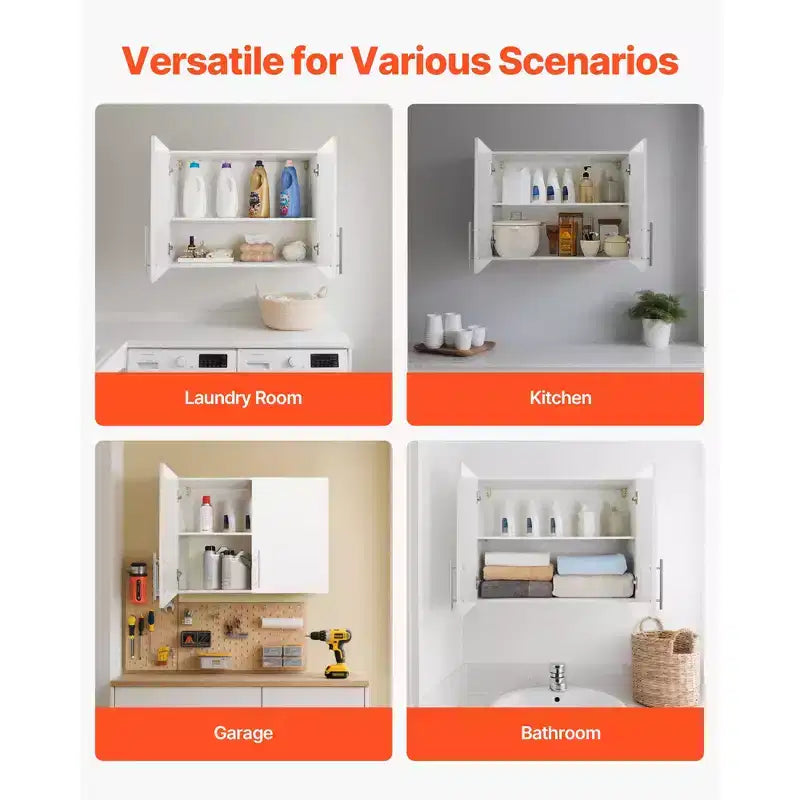 Armoire Murale de Buanderie VEVOR, Armoire Murale Suspendue à 2 Niveaux avec Étagère Réglable, Rangement de 32 po avec 2 Portes, Blanc