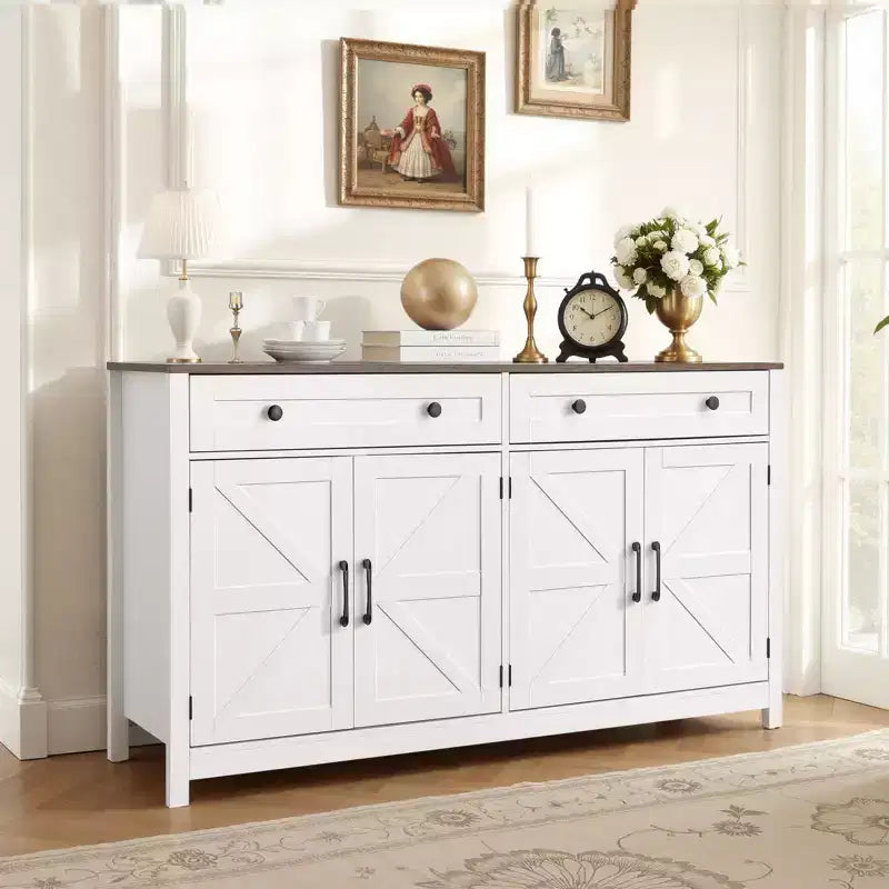 Meuble de Bar à Café VEVOR, Table de Bar à Café de Ferme avec 2 Tiroirs, Buffet avec 4 Portes Coulissantes, 139,9 x 39,4 x 80 cm, Blanc