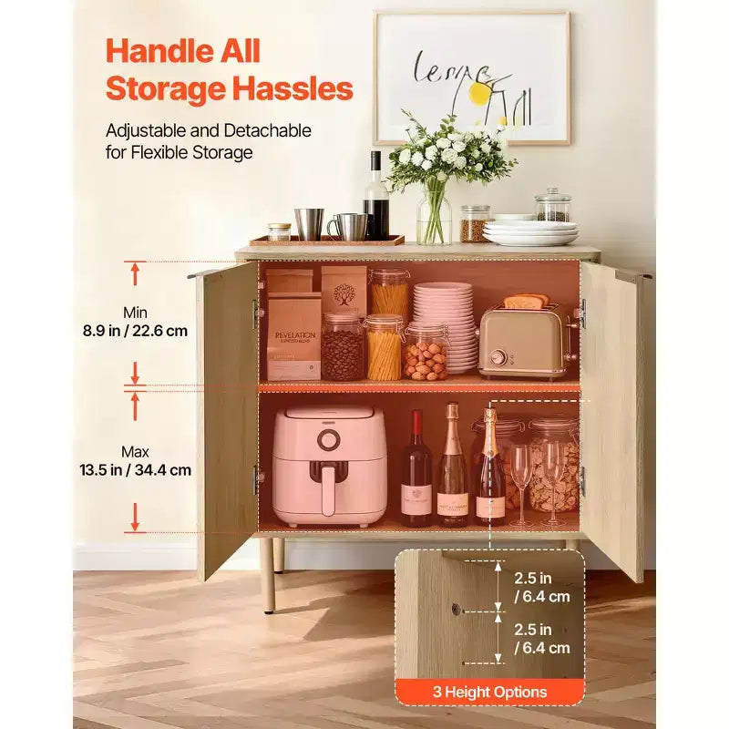 Meuble Bar à Café VEVOR, Table de Bar à Café Cannelée du Milieu du Siècle avec Rangement à 2 Niveaux, Buffet avec 2 Portes Coulissantes, 80 x 37,3 x 80 cm, Chêne
