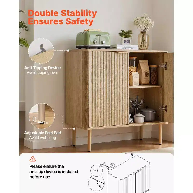 Meuble Bar à Café VEVOR, Table de Bar à Café Cannelée du Milieu du Siècle avec Rangement à 2 Niveaux, Buffet avec 2 Portes Coulissantes, 80 x 37,3 x 80 cm, Chêne