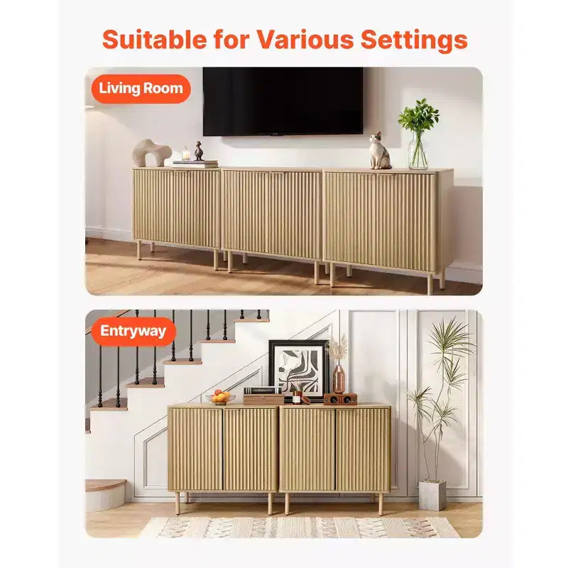 Meuble Bar à Café VEVOR, Table de Bar à Café Cannelée du Milieu du Siècle avec Rangement à 2 Niveaux, Buffet avec 2 Portes Coulissantes, 80 x 37,3 x 80 cm, Chêne