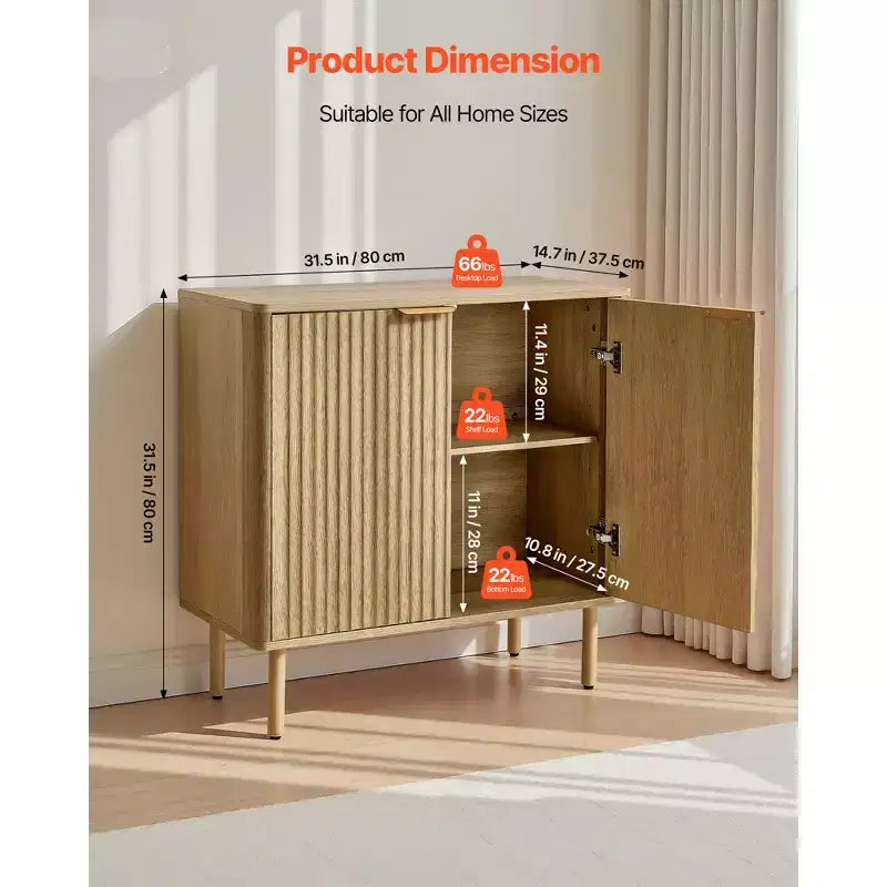 Meuble Bar à Café VEVOR, Table de Bar à Café Cannelée du Milieu du Siècle avec Rangement à 2 Niveaux, Buffet avec 2 Portes Coulissantes, 80 x 37,3 x 80 cm, Chêne