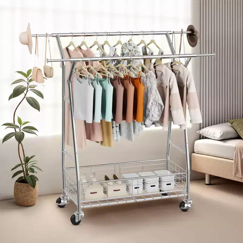 Porte-vêtements VEVOR, portant à vêtements roulant avec 2 tringles et panier de rangement, capacité de charge de 150 kg, argent