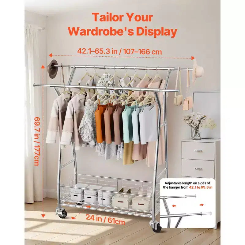 Porte-vêtements VEVOR, portant à vêtements roulant avec 2 tringles et panier de rangement, capacité de charge de 150 kg, argent
