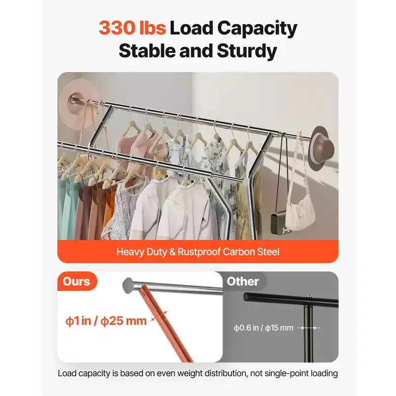 Porte-vêtements VEVOR, portant à vêtements roulant avec 2 tringles et panier de rangement, capacité de charge de 150 kg, argent