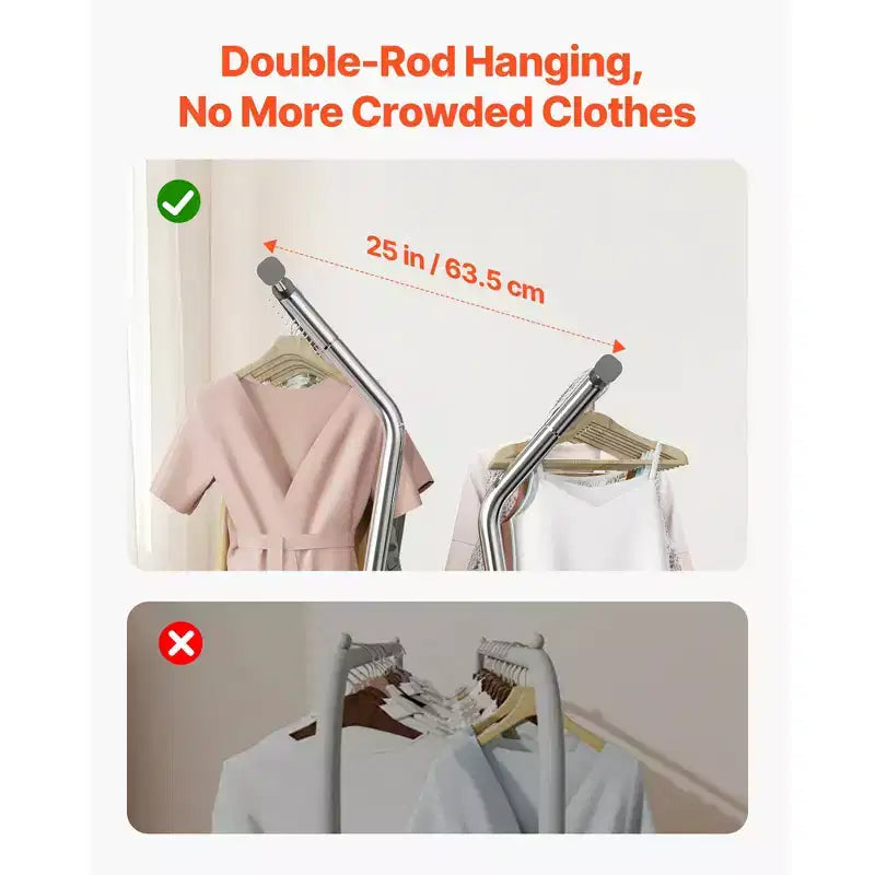 Porte-vêtements VEVOR, portant à vêtements roulant avec 2 tringles et panier de rangement, capacité de charge de 150 kg, argent