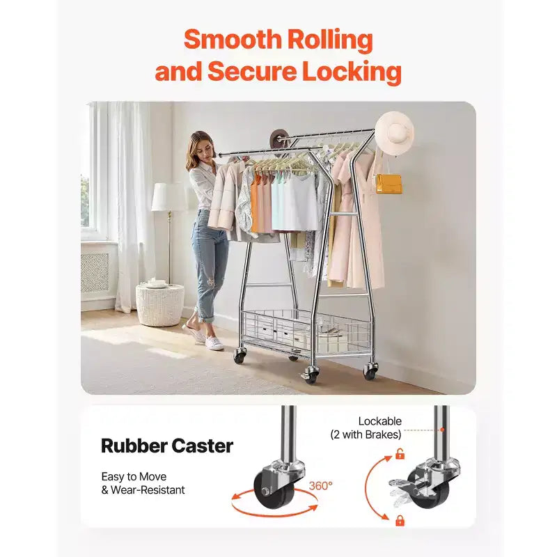 Porte-vêtements VEVOR, portant à vêtements roulant avec 2 tringles et panier de rangement, capacité de charge de 150 kg, argent