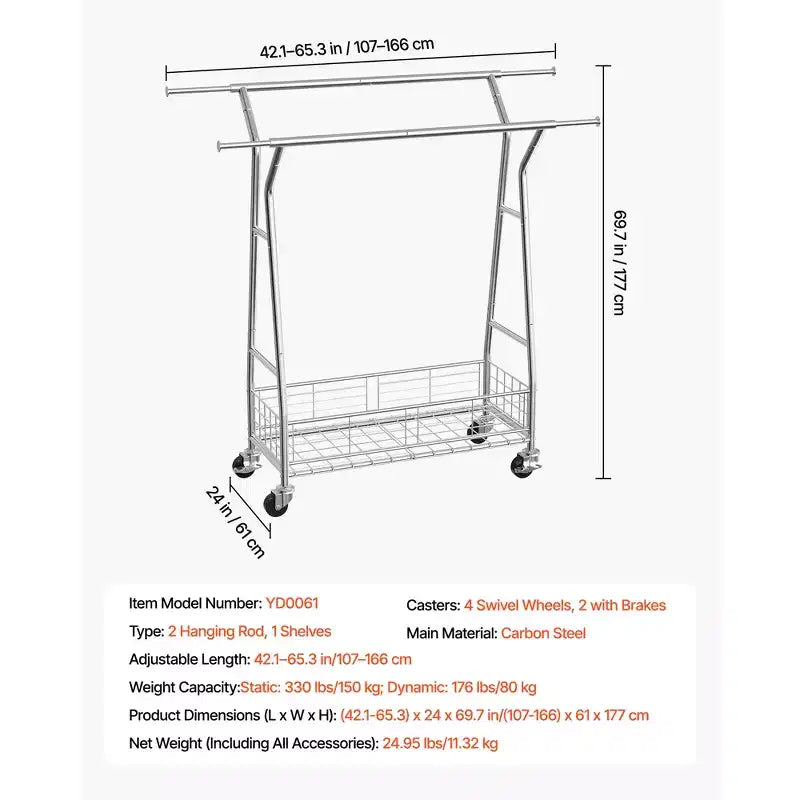 Porte-vêtements VEVOR, portant à vêtements roulant avec 2 tringles et panier de rangement, capacité de charge de 150 kg, argent