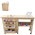 Folding Sewing Table with Lockable Wheels, Craft Station with Storage Shelves and Trays for Sewing Machine