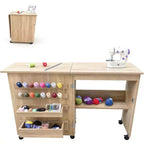 Folding Sewing Table with Lockable Wheels, Craft Station with Storage Shelves and Trays for Sewing Machine
