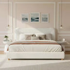 Cadre de lit plateforme minimaliste Queen/King avec tête de lit capitonnée douce, design incurvé, blanc crème - ModernLuxe