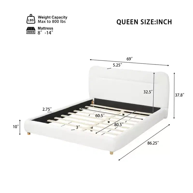 Cadre de lit plateforme minimaliste Queen/King avec tête de lit capitonnée douce, design incurvé, blanc crème - ModernLuxe