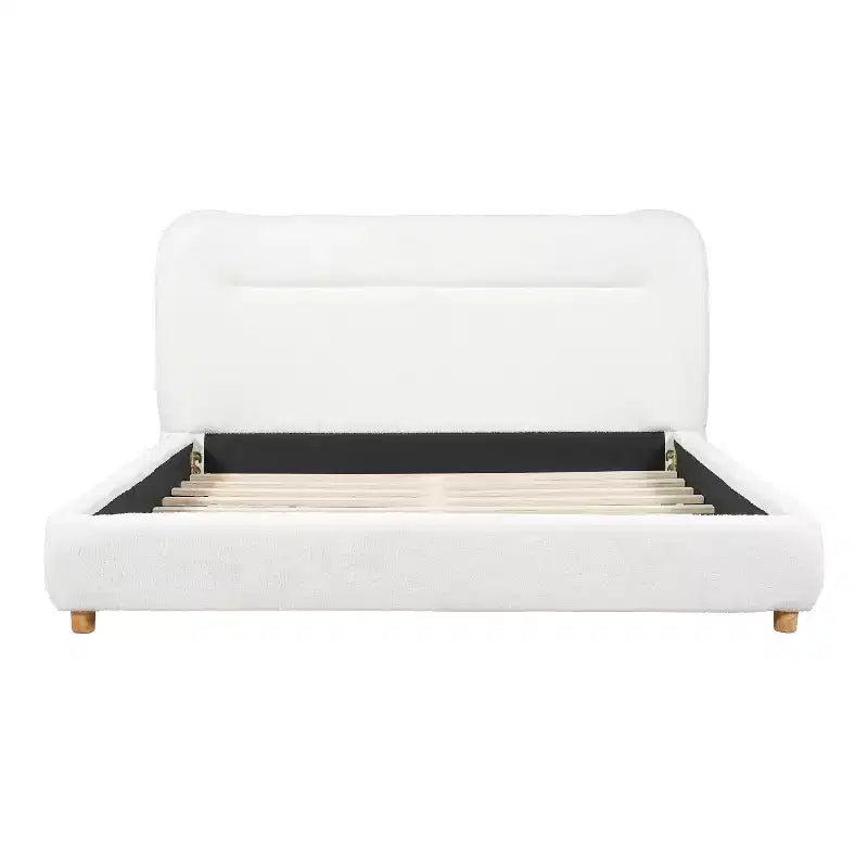 Cadre de lit plateforme minimaliste Queen/King avec tête de lit capitonnée douce, design incurvé, blanc crème - ModernLuxe