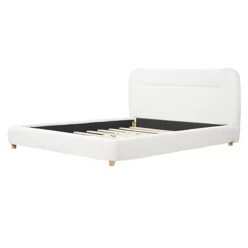 Cadre de lit plateforme minimaliste Queen/King avec tête de lit capitonnée douce, design incurvé, blanc crème - ModernLuxe