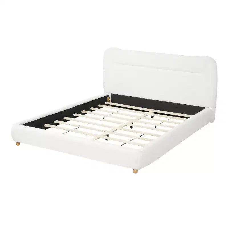 Cadre de lit plateforme minimaliste Queen/King avec tête de lit capitonnée douce, design incurvé, blanc crème - ModernLuxe