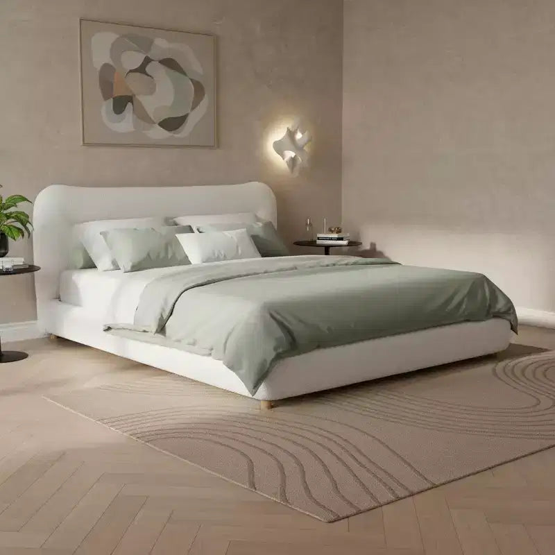 Cadre de lit plateforme minimaliste Queen/King avec tête de lit capitonnée douce, design incurvé, blanc crème - ModernLuxe