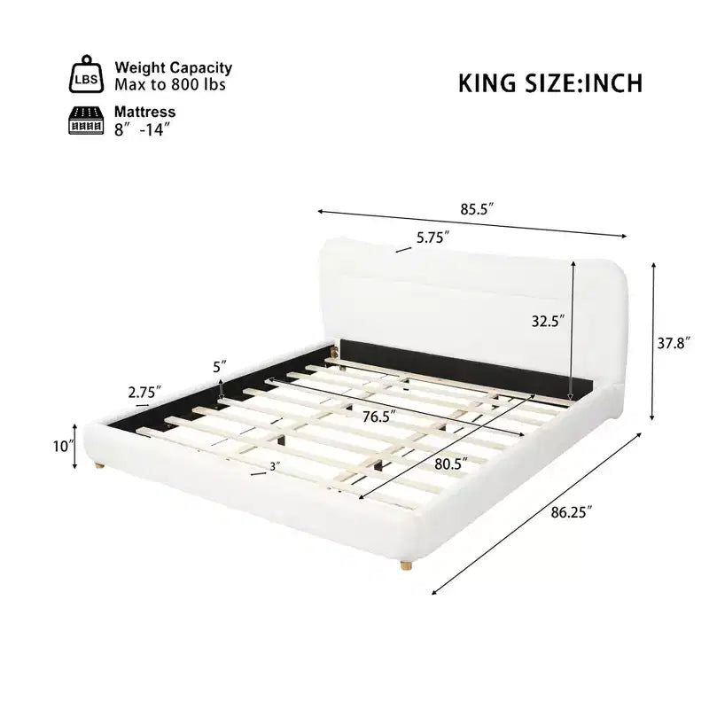 Cadre de lit plateforme minimaliste Queen/King avec tête de lit capitonnée douce, design incurvé, blanc crème - ModernLuxe
