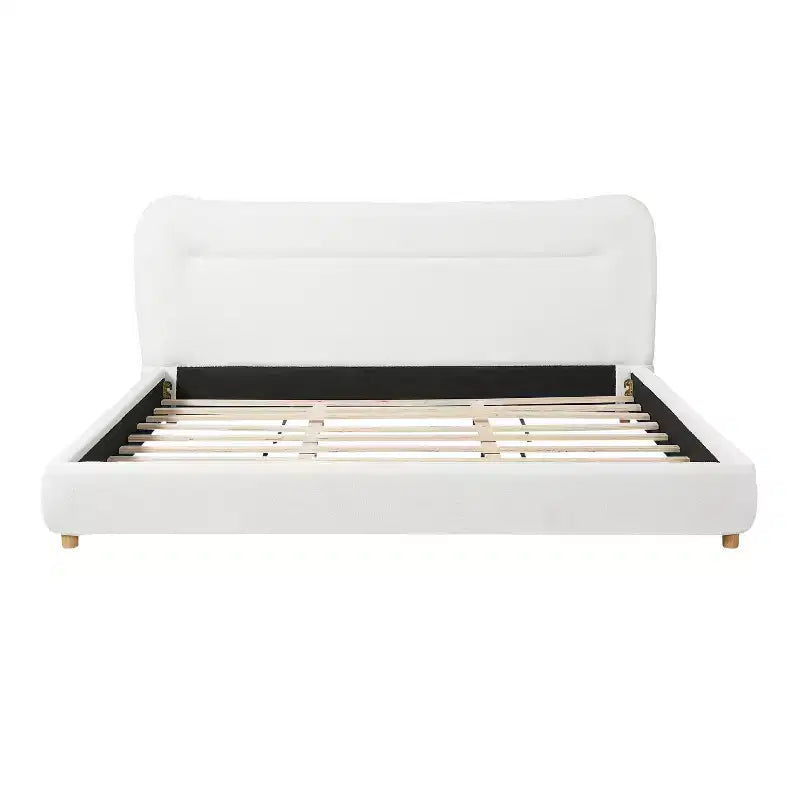 Cadre de lit plateforme minimaliste Queen/King avec tête de lit capitonnée douce, design incurvé, blanc crème - ModernLuxe