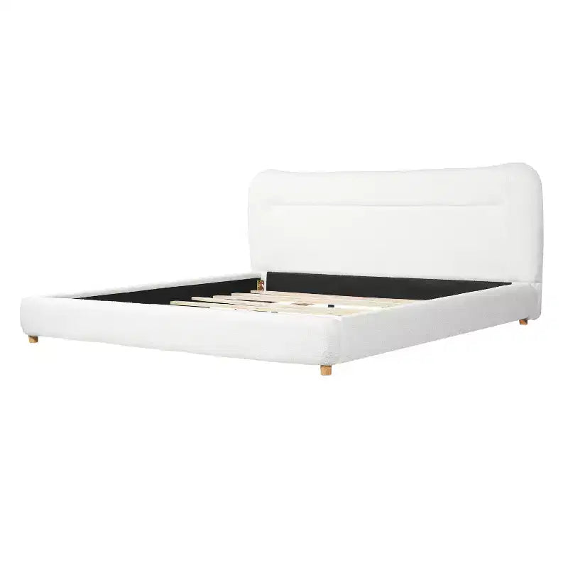 Cadre de lit plateforme minimaliste Queen/King avec tête de lit capitonnée douce, design incurvé, blanc crème - ModernLuxe