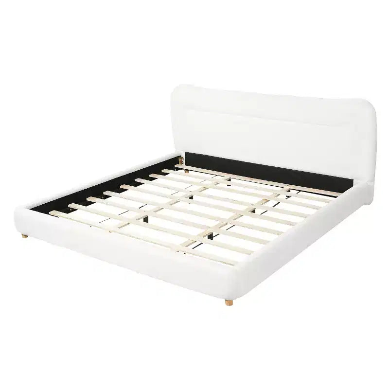 Cadre de lit plateforme minimaliste Queen/King avec tête de lit capitonnée douce, design incurvé, blanc crème - ModernLuxe