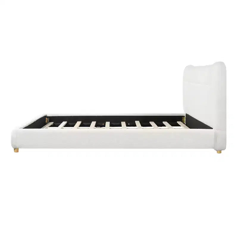 Cadre de lit plateforme minimaliste Queen/King avec tête de lit capitonnée douce, design incurvé, blanc crème - ModernLuxe