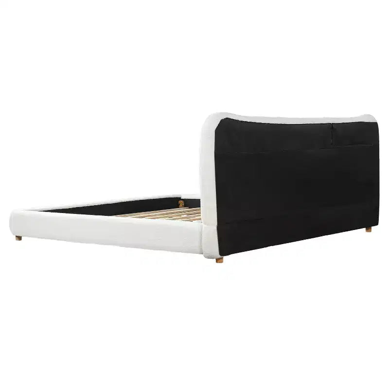 Cadre de lit plateforme minimaliste Queen/King avec tête de lit capitonnée douce, design incurvé, blanc crème - ModernLuxe