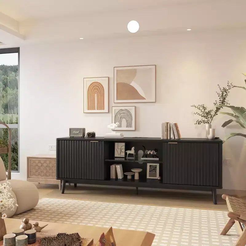 Meuble TV noir moderne, étagère réglable et meuble de rangement à 2 portes, meuble de divertissement pour salon ou chambre à coucher