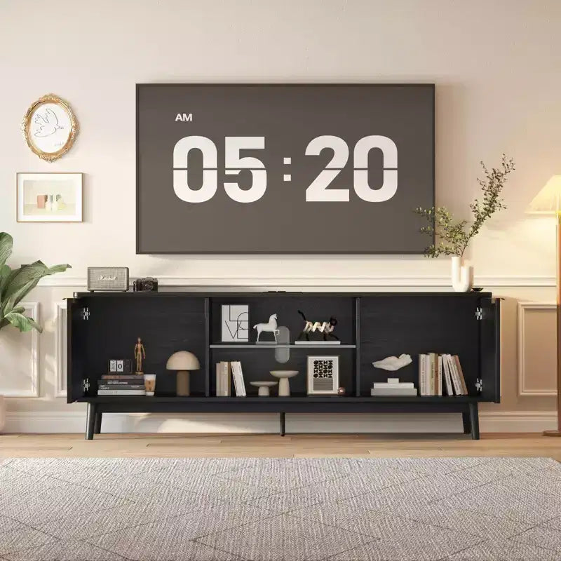 Meuble TV noir moderne, étagère réglable et meuble de rangement à 2 portes, meuble de divertissement pour salon ou chambre à coucher