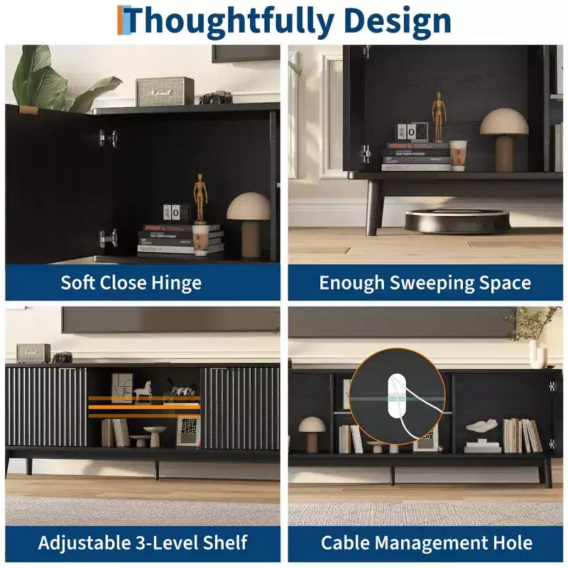 Meuble TV noir moderne, étagère réglable et meuble de rangement à 2 portes, meuble de divertissement pour salon ou chambre à coucher