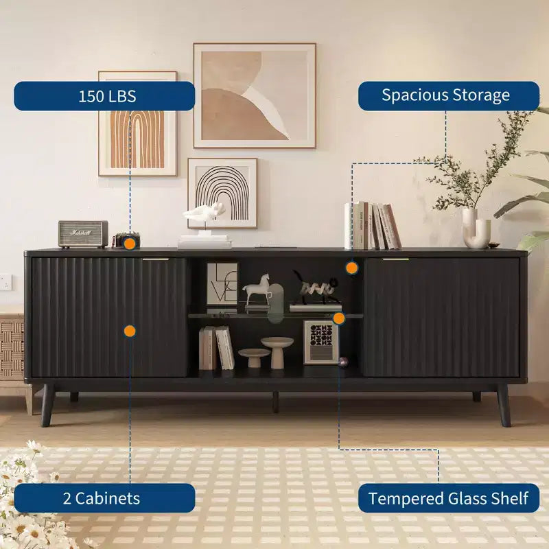 Meuble TV noir moderne, étagère réglable et meuble de rangement à 2 portes, meuble de divertissement pour salon ou chambre à coucher