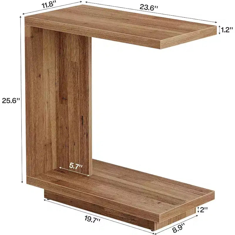 Lantine Table d'appoint 2 niveaux en C, lot de 2 : Étroite, socle robuste, design industriel pour salon/chambre, marron noyer.