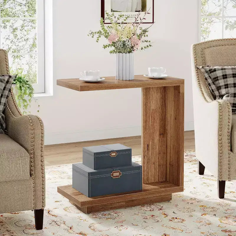 Lantine Table d'appoint 2 niveaux en C, lot de 2 : Étroite, socle robuste, design industriel pour salon/chambre, marron noyer.