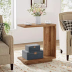 Lantine Table d'appoint 2 niveaux en C, lot de 2 : Étroite, socle robuste, design industriel pour salon/chambre, marron noyer.
