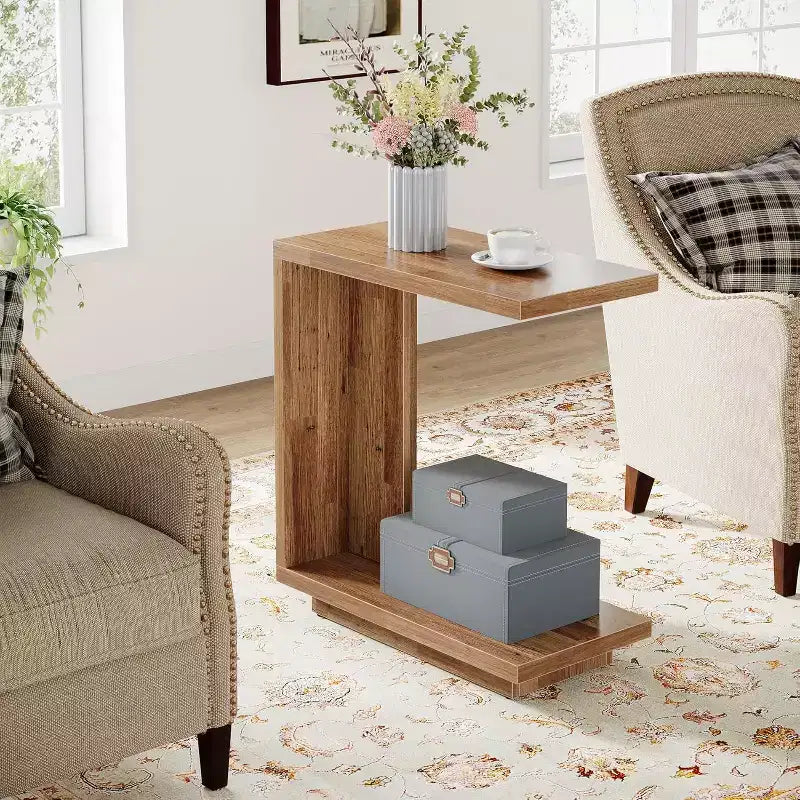 Lantine Table d'appoint 2 niveaux en C, lot de 2 : Étroite, socle robuste, design industriel pour salon/chambre, marron noyer.
