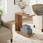 Lantine Table d'appoint 2 niveaux en C, lot de 2 : Étroite, socle robuste, design industriel pour salon/chambre, marron noyer.