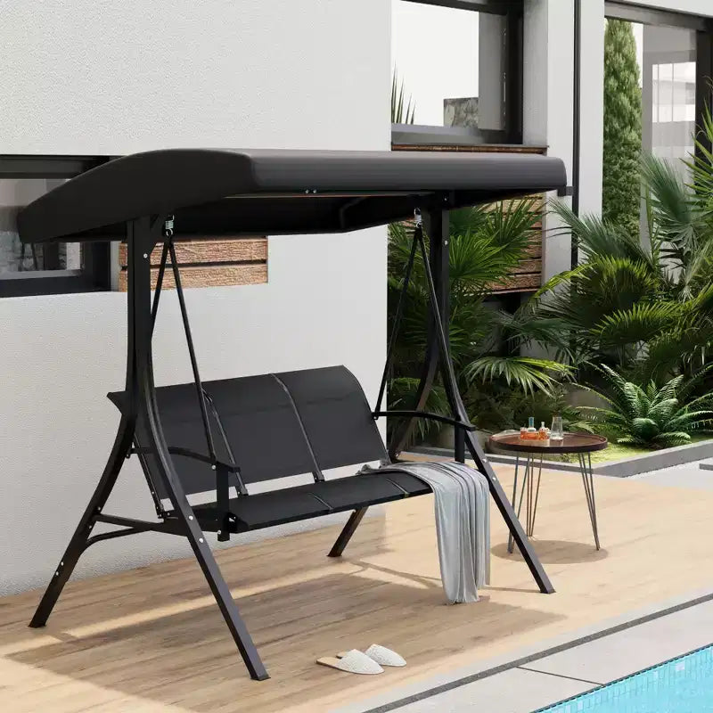 Balançoire de jardin 3 places avec auvent réglable, Balancelle de patio 3 personnes avec pare-soleil inclinable réglable, Balancelle de porche 3 places avec auvent
