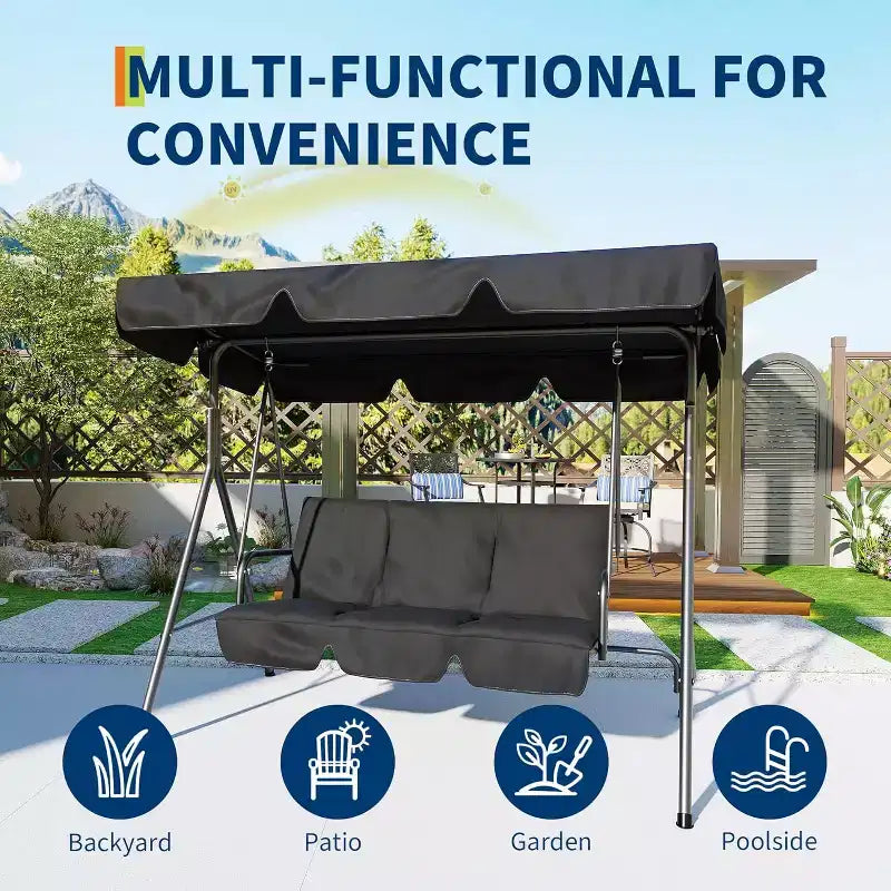 Balançoire de jardin 3 places avec auvent réglable, Balancelle de patio 3 personnes avec pare-soleil inclinable réglable, Balancelle de porche 3 places avec auvent
