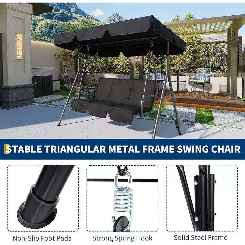 Balançoire de jardin 3 places avec auvent réglable, Balancelle de patio 3 personnes avec pare-soleil inclinable réglable, Balancelle de porche 3 places avec auvent