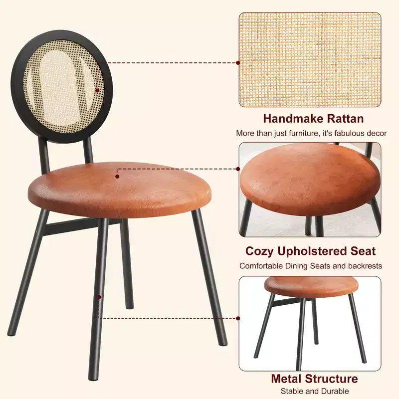 Chaises de salle à manger en rotin avec assise rembourrée épaisse et pieds en métal pour salon