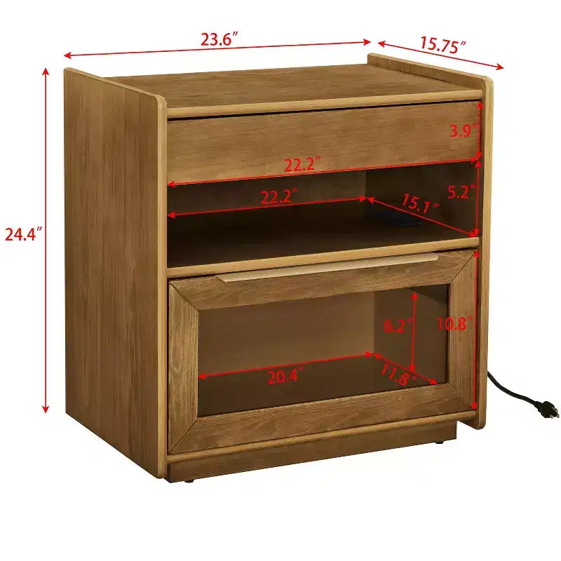 Table de chevet Mid-Century Modern avec station de recharge, meuble à 2 tiroirs et porte, design cannelé, verrouillable (W1801P303392)