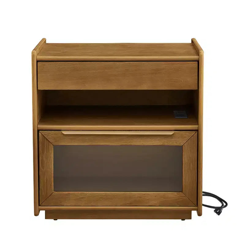 Table de chevet Mid-Century Modern avec station de recharge, meuble à 2 tiroirs et porte, design cannelé, verrouillable (W1801P303392)