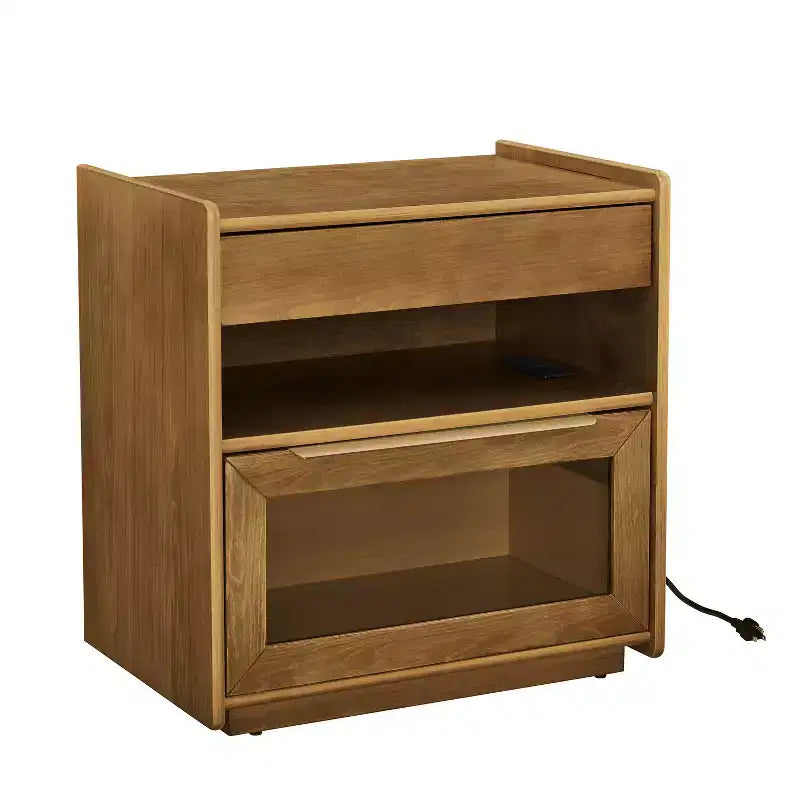 Table de chevet Mid-Century Modern avec station de recharge, meuble à 2 tiroirs et porte, design cannelé, verrouillable (W1801P303392)