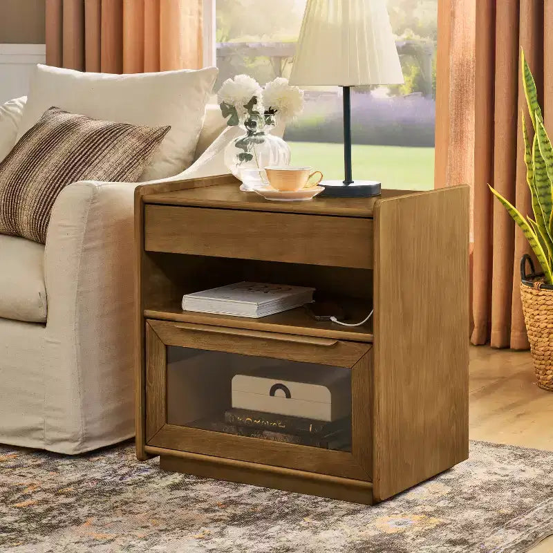 Table de chevet Mid-Century Modern avec station de recharge, meuble à 2 tiroirs et porte, design cannelé, verrouillable (W1801P303392)