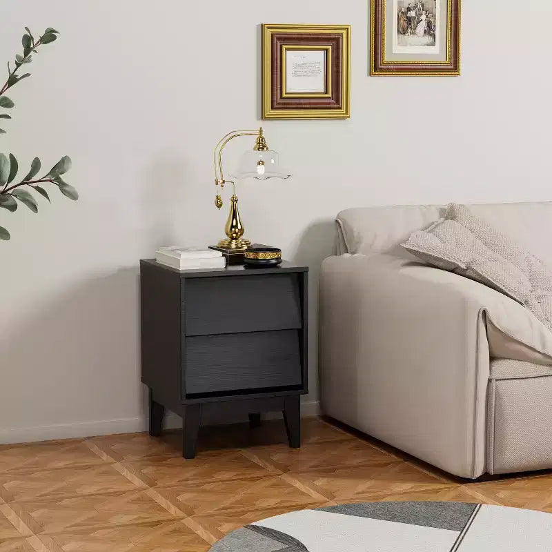 Table de chevet moderne du milieu du siècle avec éclairage LED/veilleuse, rangement tiroir, bois massif, lot de 2 (W578P192479)