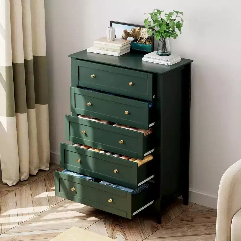 Commode 5 tiroirs pour chambre à coucher - Commode haute et moderne en bois avec tiroirs profonds et poignées en métal pour entrée ou couloir
