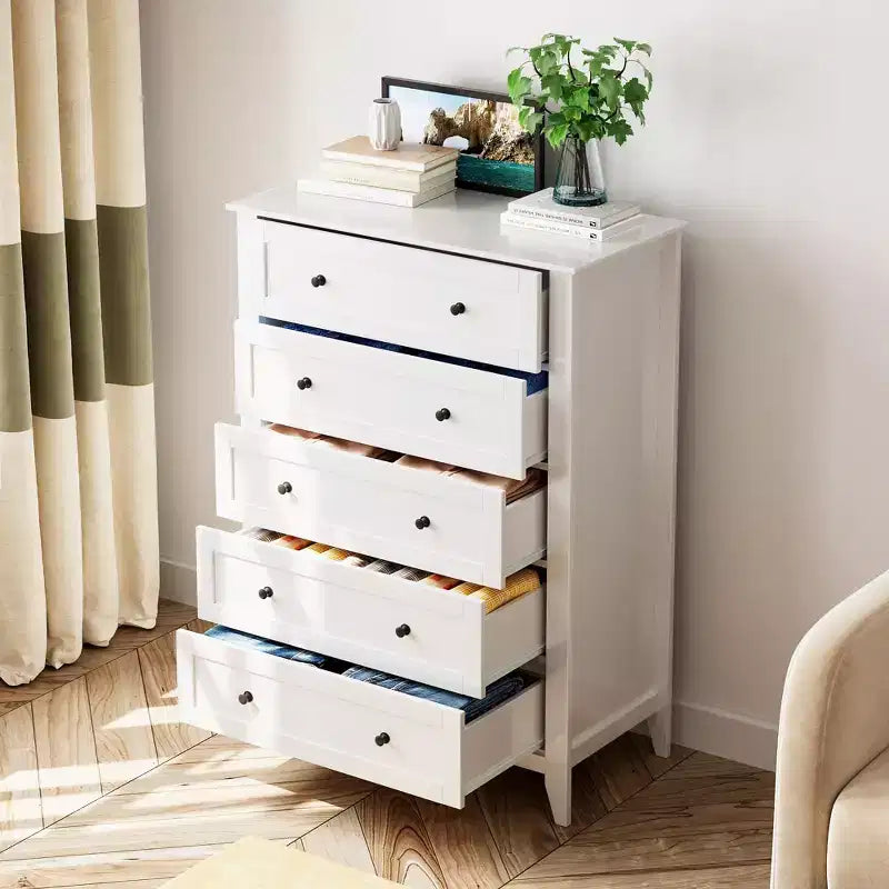 Commode 5 tiroirs pour chambre à coucher - Commode haute et moderne en bois avec tiroirs profonds et poignées en métal pour entrée ou couloir