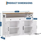 Buffet de ferme de 51 po avec station de recharge, 3 tiroirs et 4 portes coulissantes, meuble de rangement pour cuisine, salle à manger ou salon, blanc