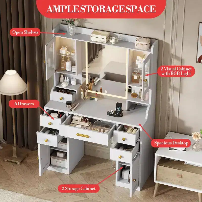 Coiffeuse avec miroir LED et lumières, table de maquillage avec 2 armoires RVB, prises et 6 tiroirs pour chambre et salon, blanc