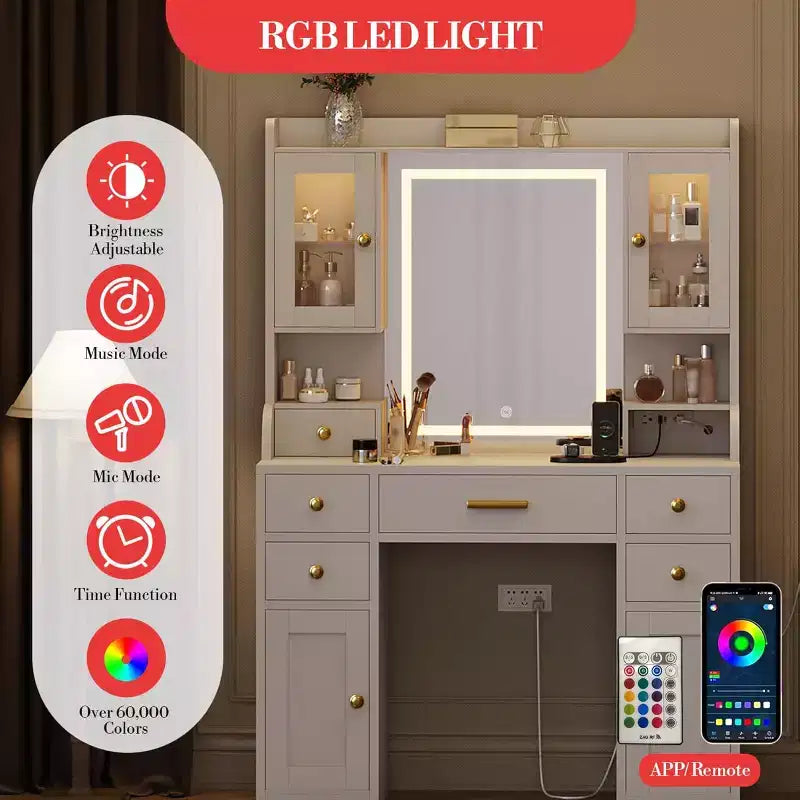 Coiffeuse avec miroir LED et lumières, table de maquillage avec 2 armoires RVB, prises et 6 tiroirs pour chambre et salon, blanc