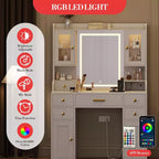 Coiffeuse avec miroir LED et lumières, table de maquillage avec 2 armoires RVB, prises et 6 tiroirs pour chambre et salon, blanc